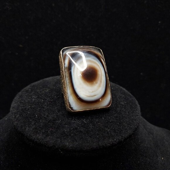 Artisan Jewelry - Artisan Textured Brown Blue Gray 925 Rectangle Eye Agate Ring Size 4.75 See pic